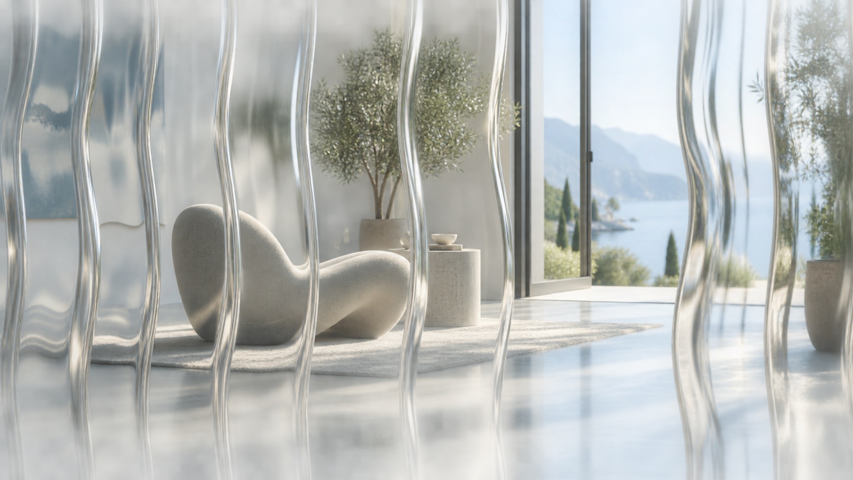 Rippled glass screens divide a white lounge with a curved chair, an olive tree and a view of the sea.
