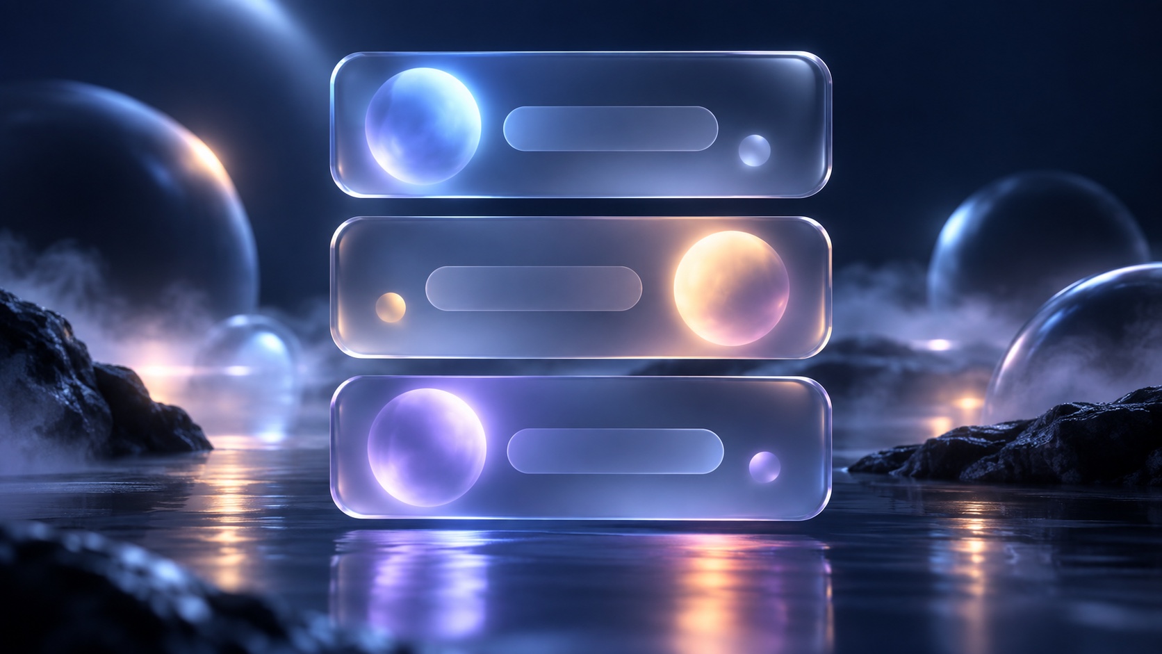 Three stacked glass list panels with glowing orb buttons hovering above dark water at night.