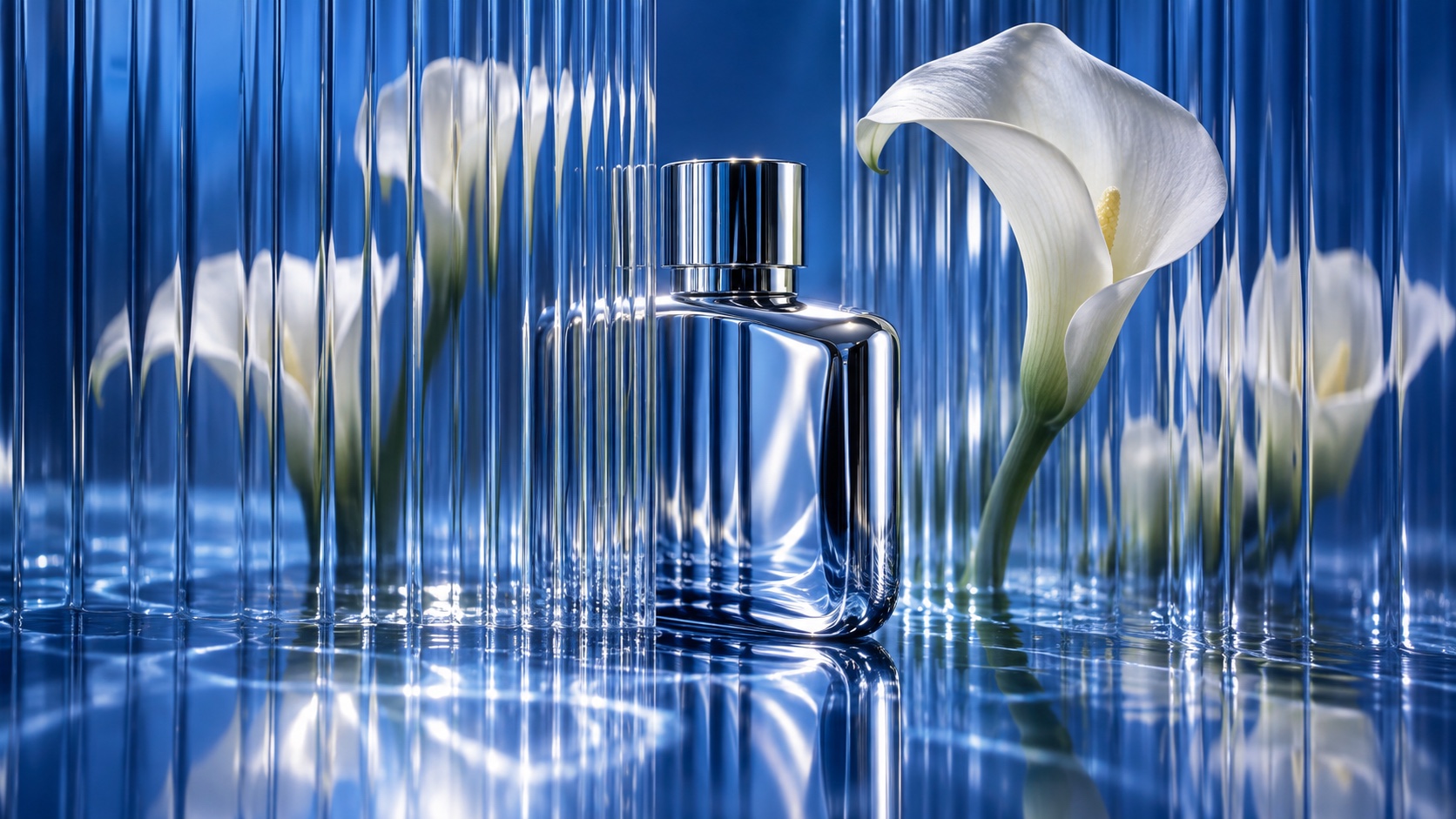 A glass perfume bottle among white calla lilies behind ribbed blue glass, reflected in still water.