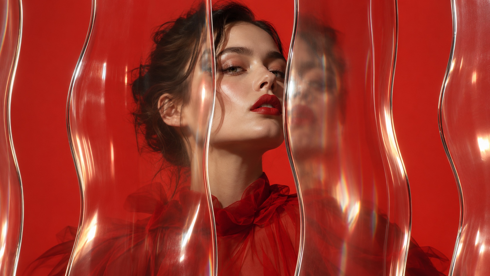 A woman in red with red lips, her face split and doubled by wavy glass panels on a red ground.