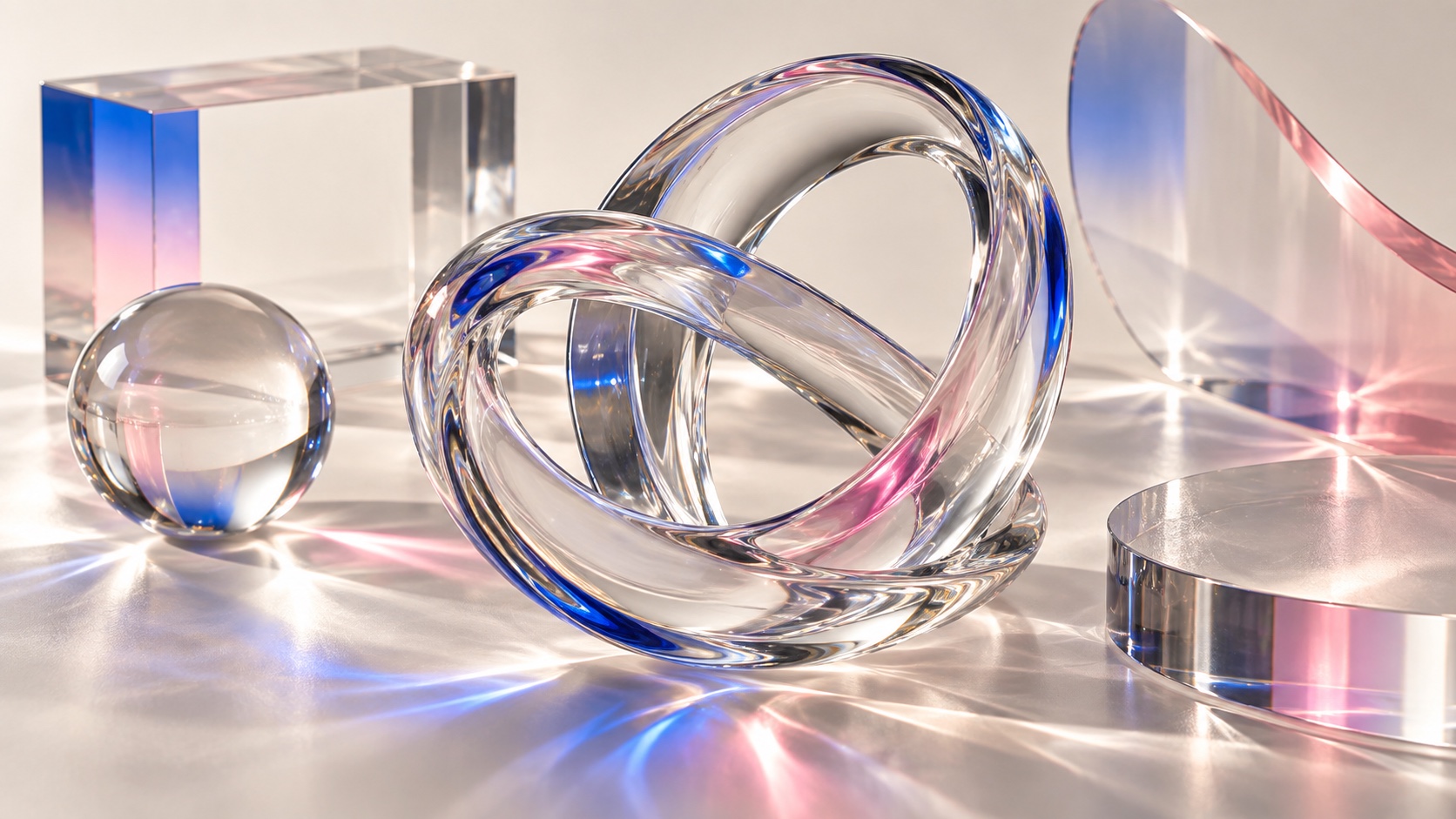 A clear glass cube, a sphere and interlocking rings on a pale surface, throwing pink and blue caustic light.