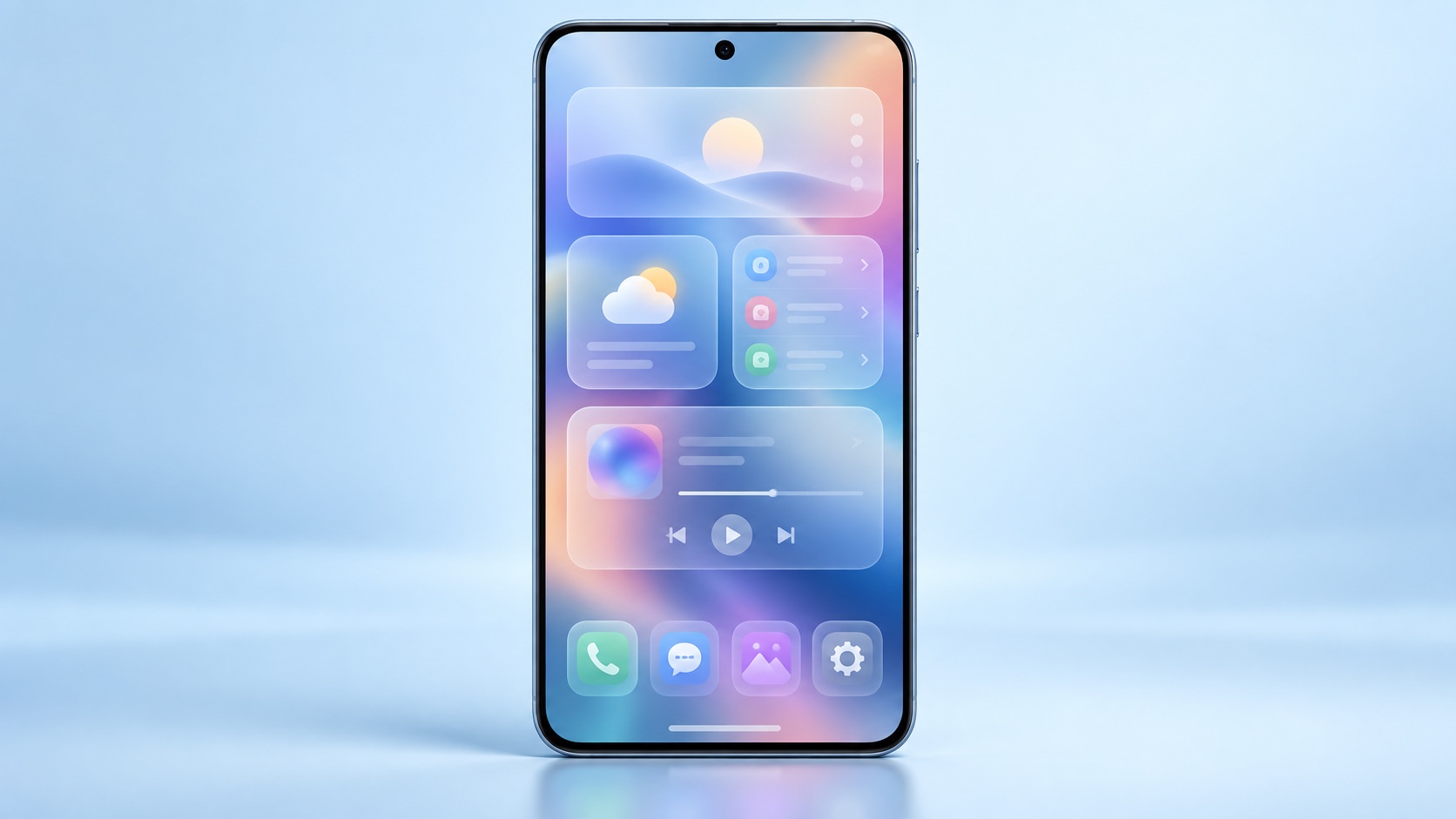 A phone standing on a pale blue surface, its screen stacked with frosted weather, music and calendar cards.