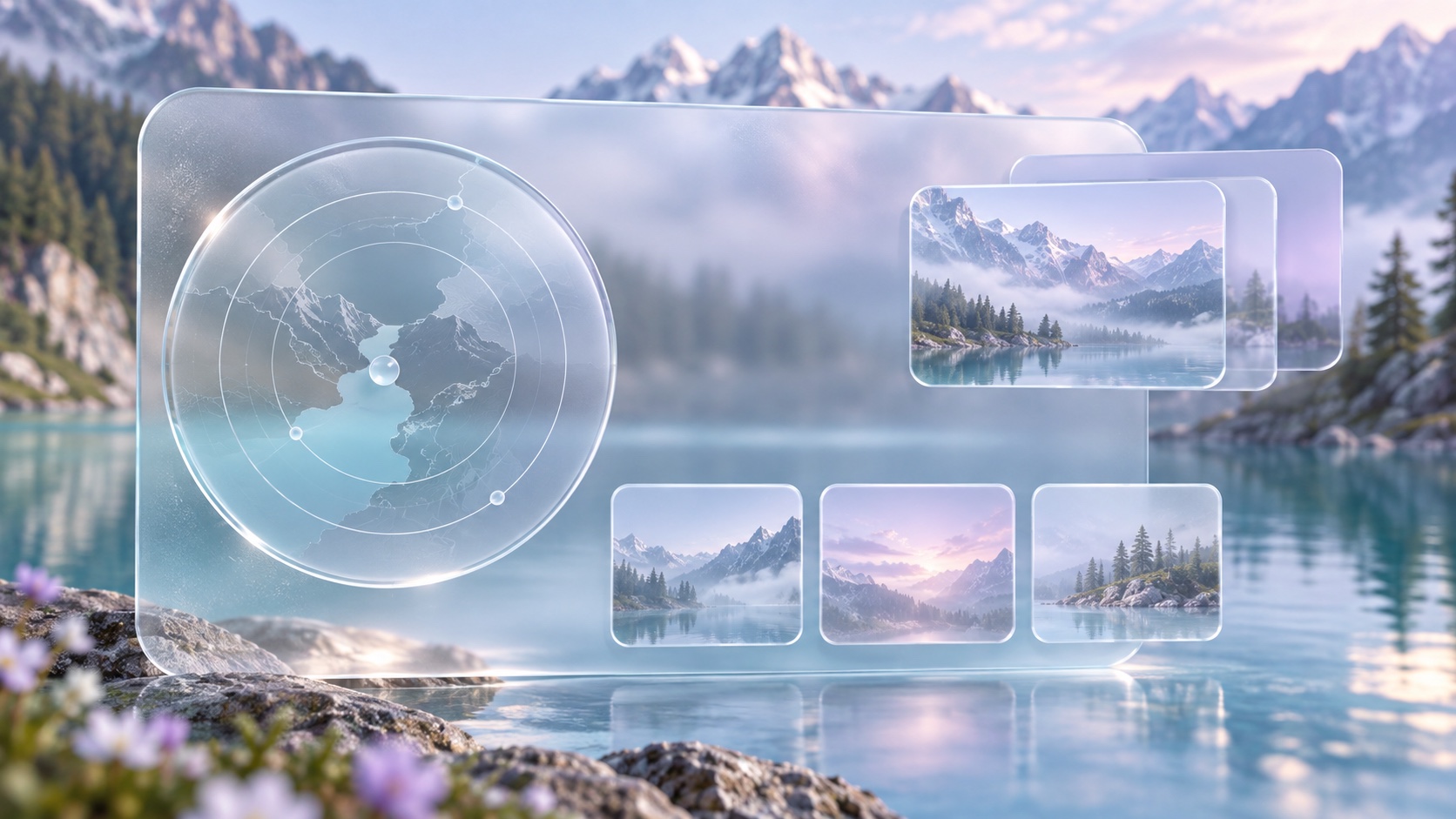A frosted glass travel card with a map disc and photo tiles hovering over a mountain lake.