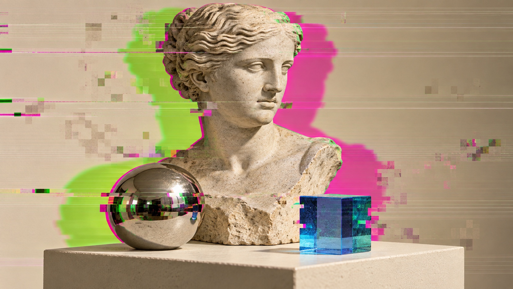 A stone bust, chrome sphere and blue cube are interrupted by neon RGB scanlines and pixel shifts.