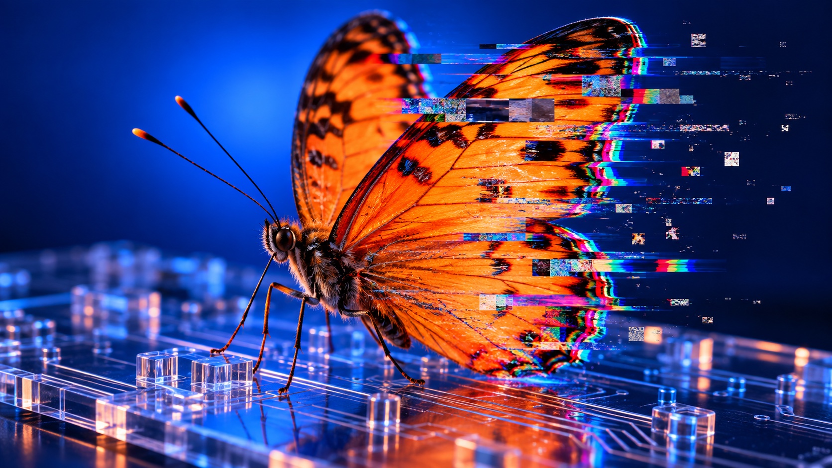 A vivid orange butterfly on a circuit board dissolves into compression blocks and RGB interference.