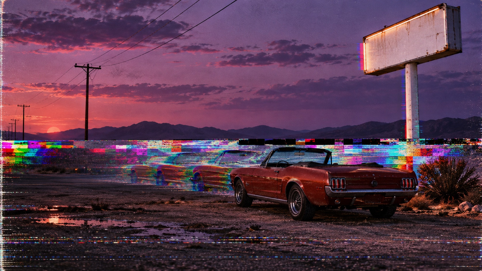 A red convertible at a violet desert roadside is cut across by a band of bright analog tracking artifacts.