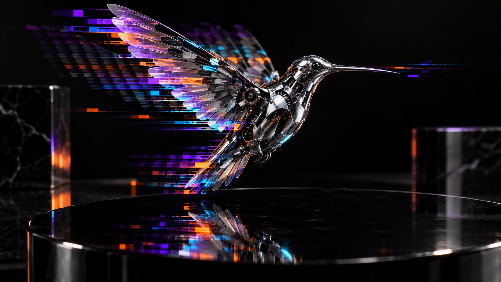 A chrome mechanical hummingbird fragments into violet, cyan and orange data strips above a mirrored table.