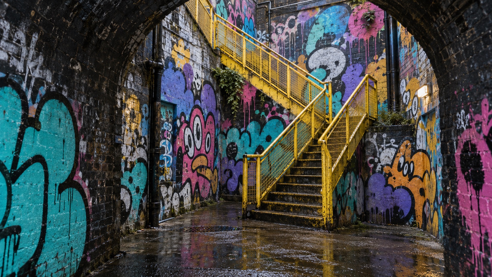 A tunnel under a bridge, every surface covered in pieces and tags, a yellow stair rail climbing the wall.