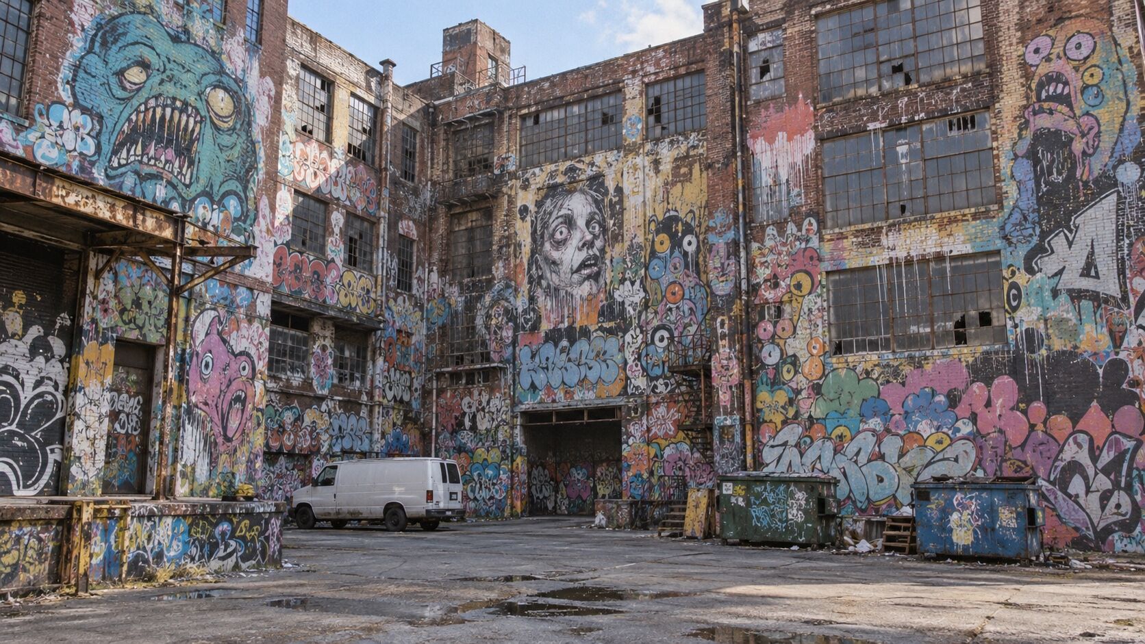 A derelict lot of painted buildings and shutters, throw-ups stacked over one another.