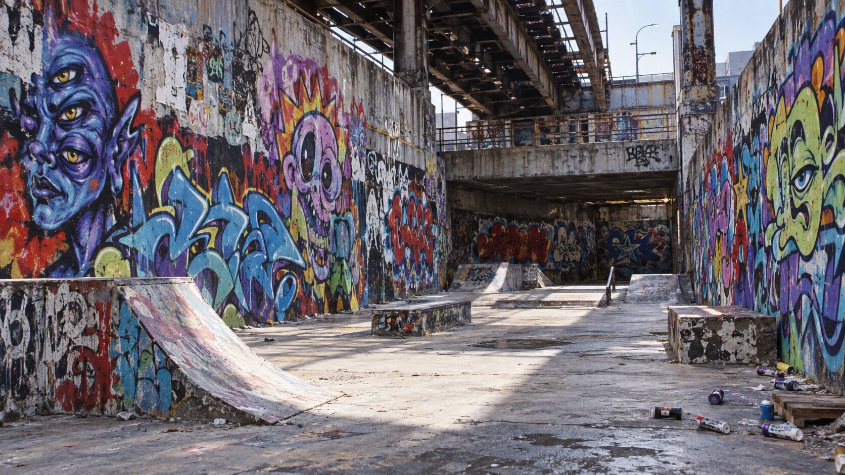 A skate bowl under an overpass, its walls covered in blue and red characters and letters.