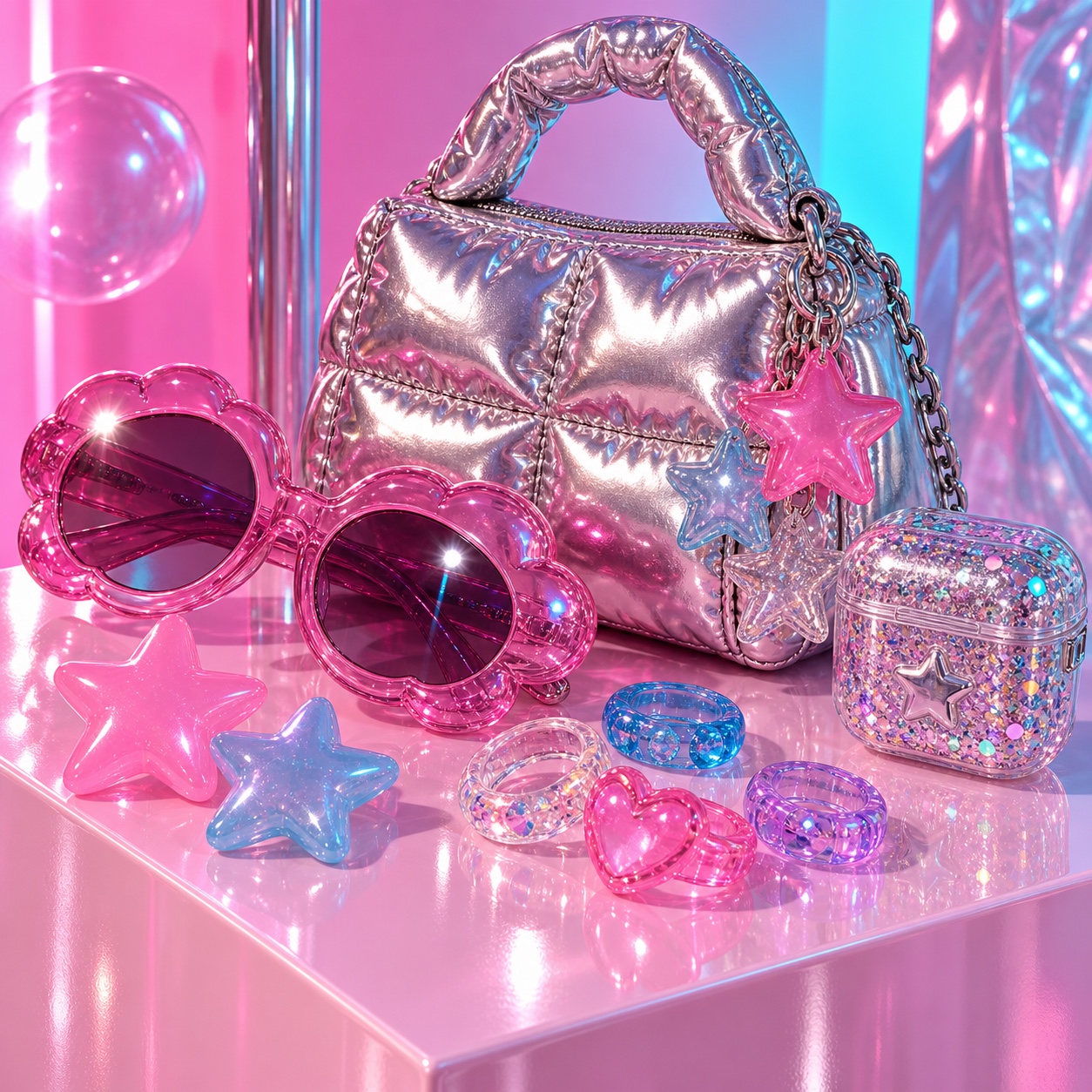 Jelly charms, metallic clips and inflated-looking accessories create a playful hyperpop display.