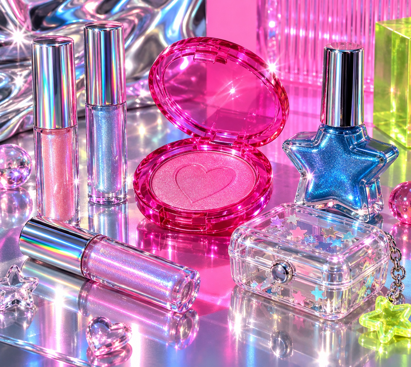 Iridescent cosmetics, chrome tubes and glowing gel forms make a glossy hyperpop beauty still life.