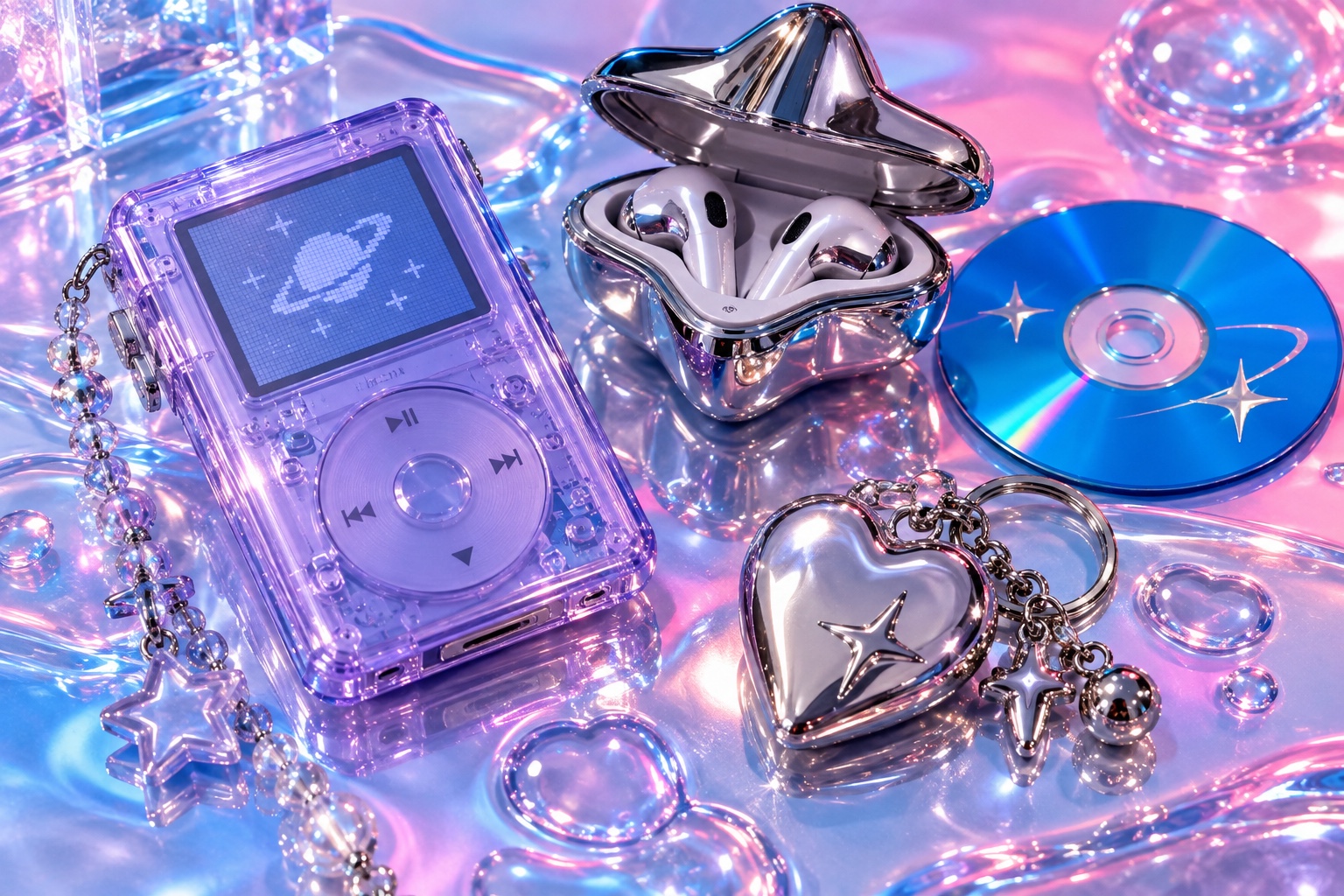 A candy-colored music player, bubble headphones and translucent controls make a bright hyperpop tech set.