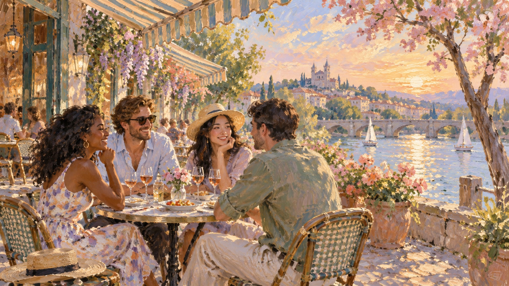 Four friends at a café table on a flowering terrace, a hill town and sailboats on the water behind, all in loose sunlit brushwork.