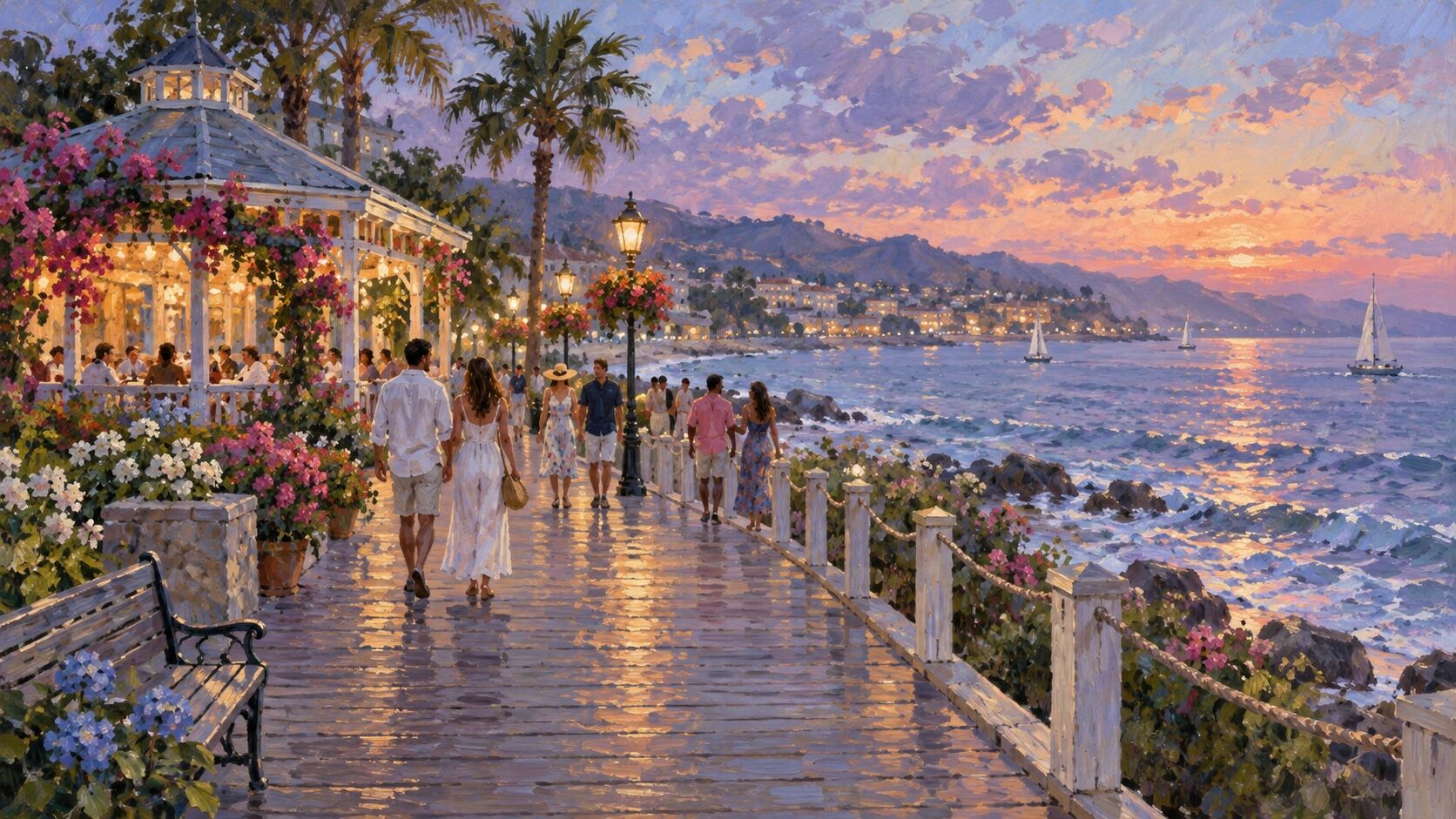 A seafront promenade at dusk with a bandstand, palms and strolling couples, the sea flecked with rose and gold.
