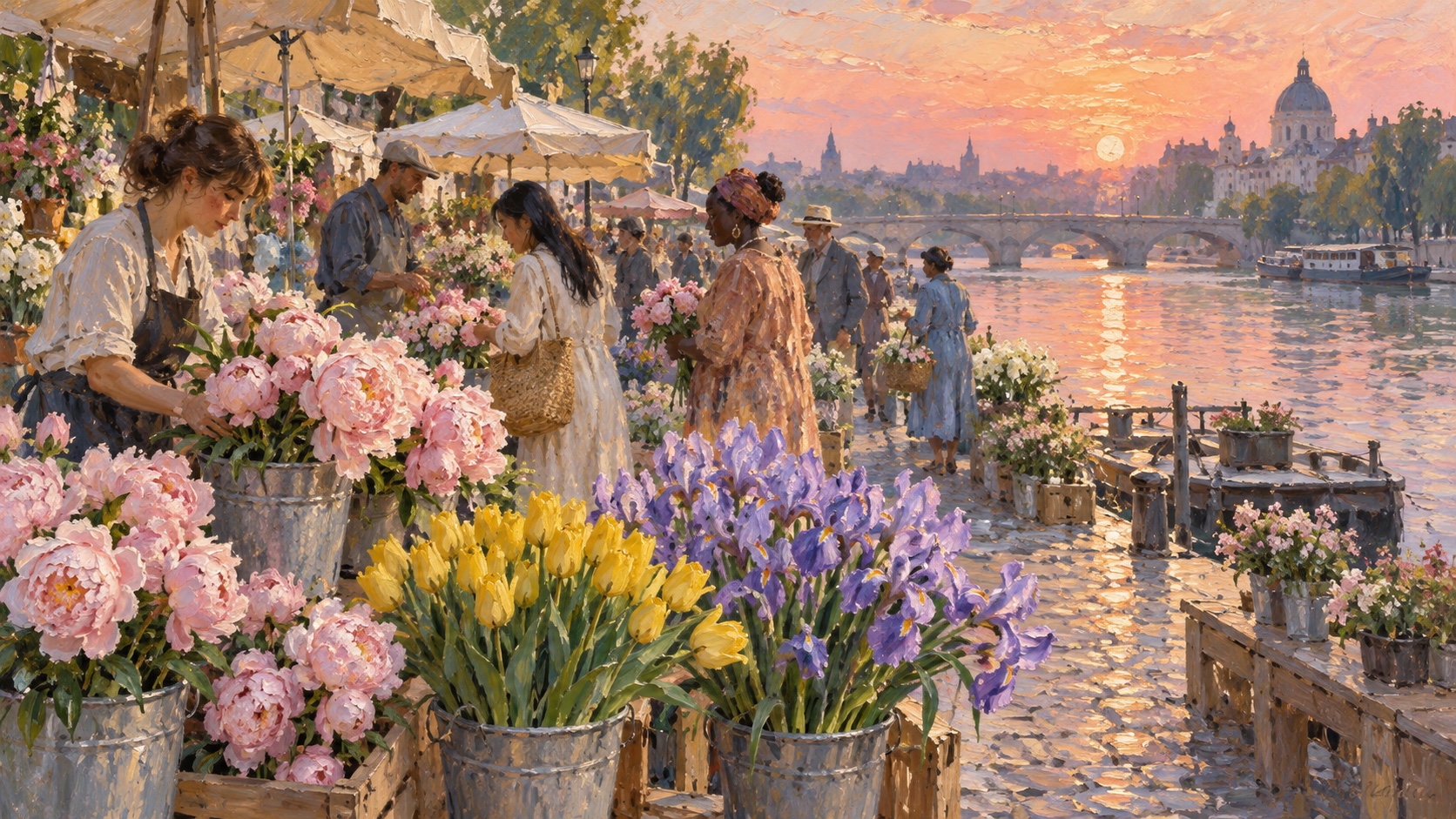 A riverside flower market with buckets of peonies, tulips and irises, a domed city across the water in evening light.