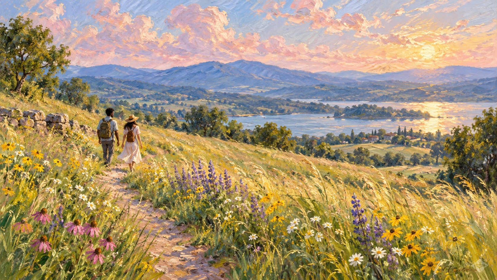 Two walkers on a path through a wildflower meadow sloping down to a lake and blue hills at golden hour.