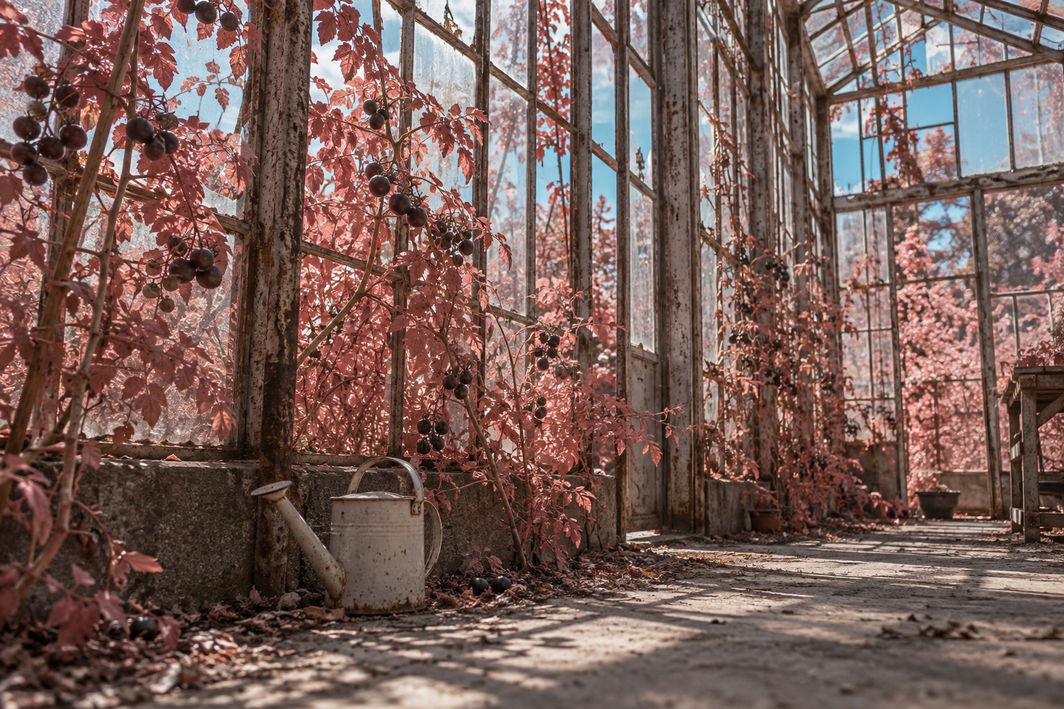 Pink vines grow inside a weathered glass greenhouse in soft sunlight.