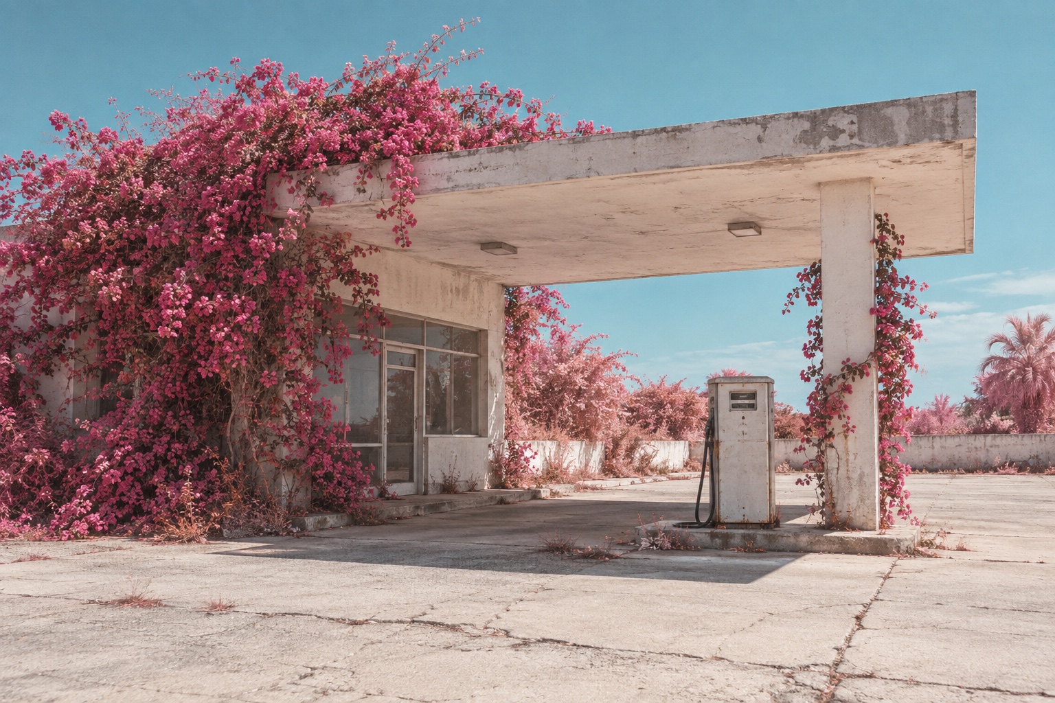 Pink climbing plants reclaim an unbranded roadside fuel station beneath a cyan sky.