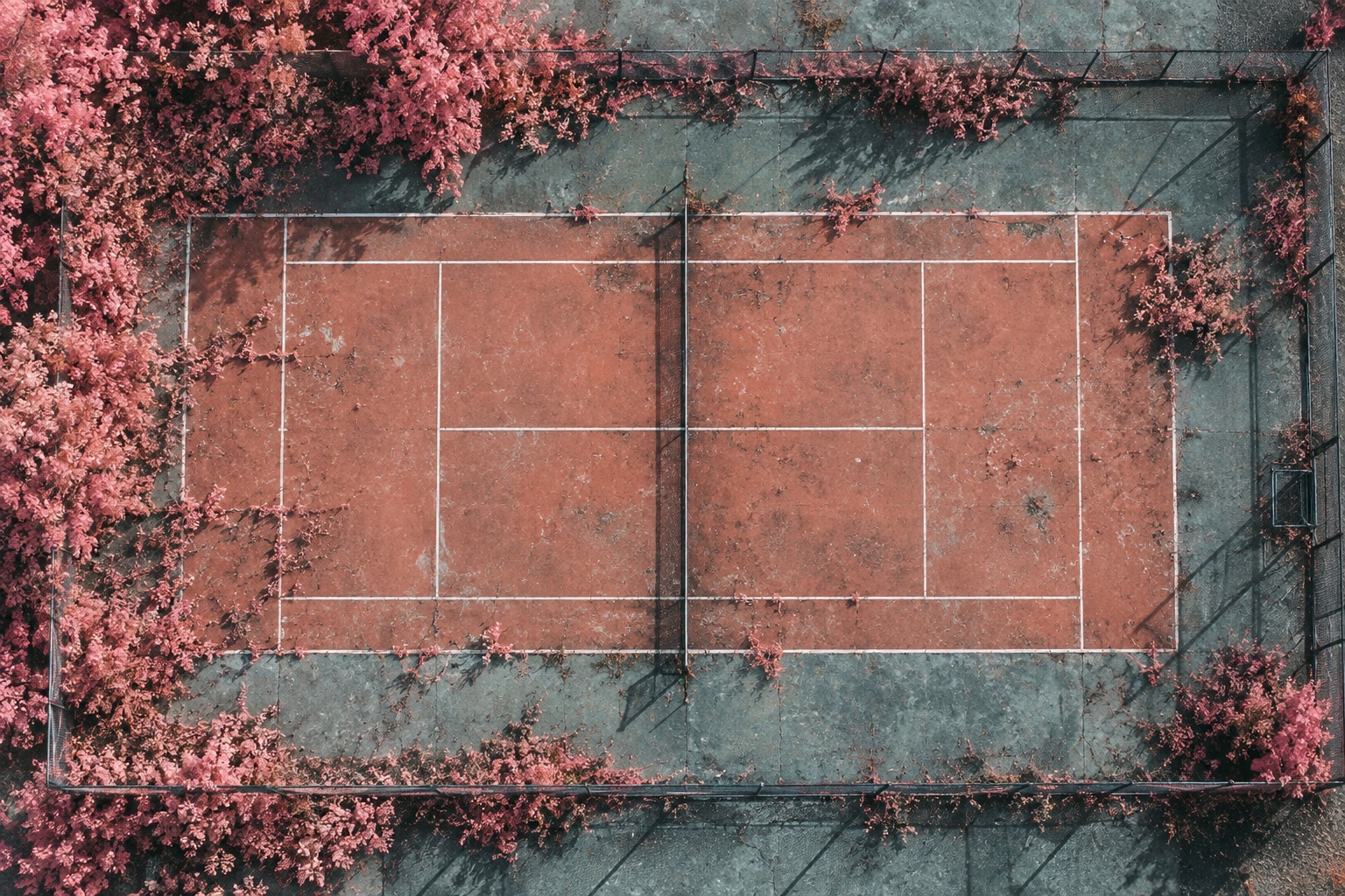 An overhead view of an abandoned tennis court surrounded by pink vegetation.