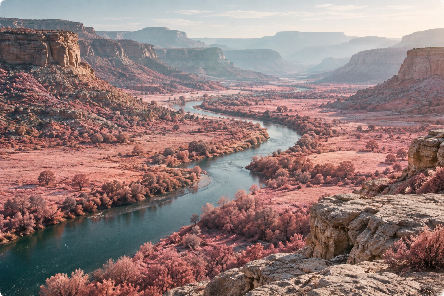 A teal river winds through pink vegetation between sandstone cliffs, photographed in colour infrared.