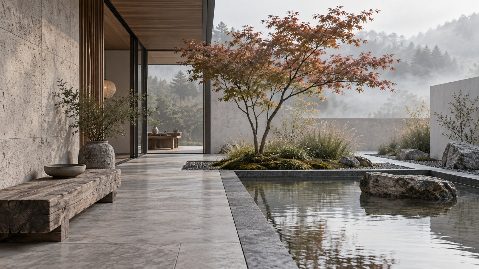 A quiet Japanese-Scandinavian courtyard of pale stone, timber, water and a maple tree.