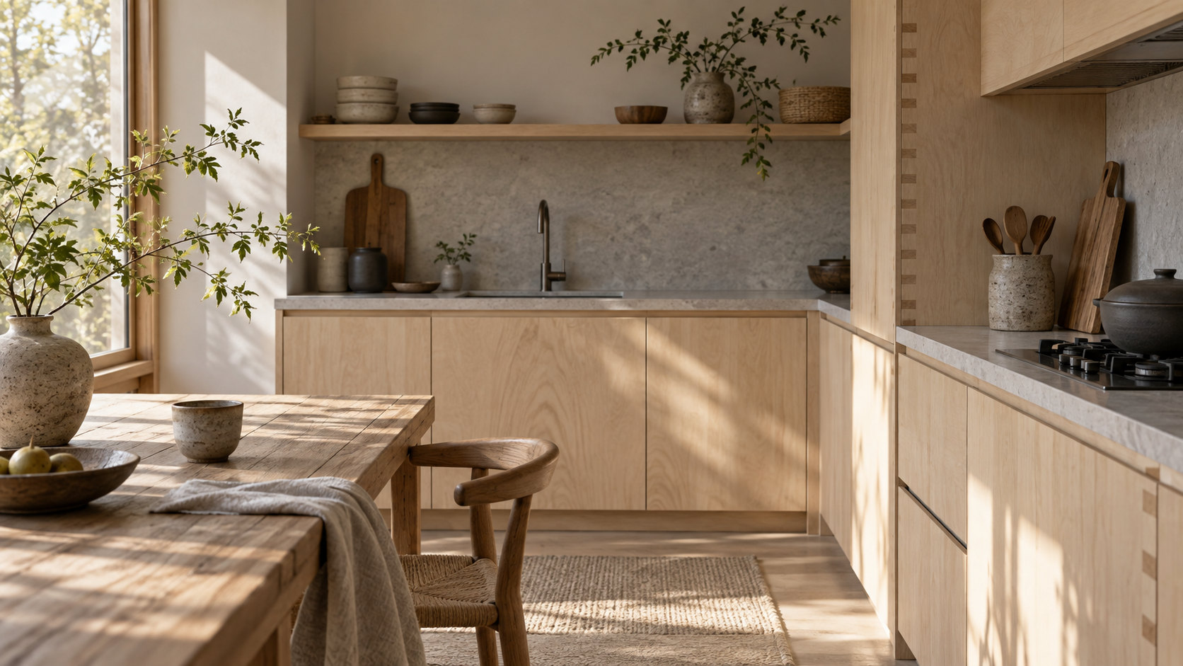 A tranquil compact kitchen combining birch cabinetry, stone and Japanese wood joinery.