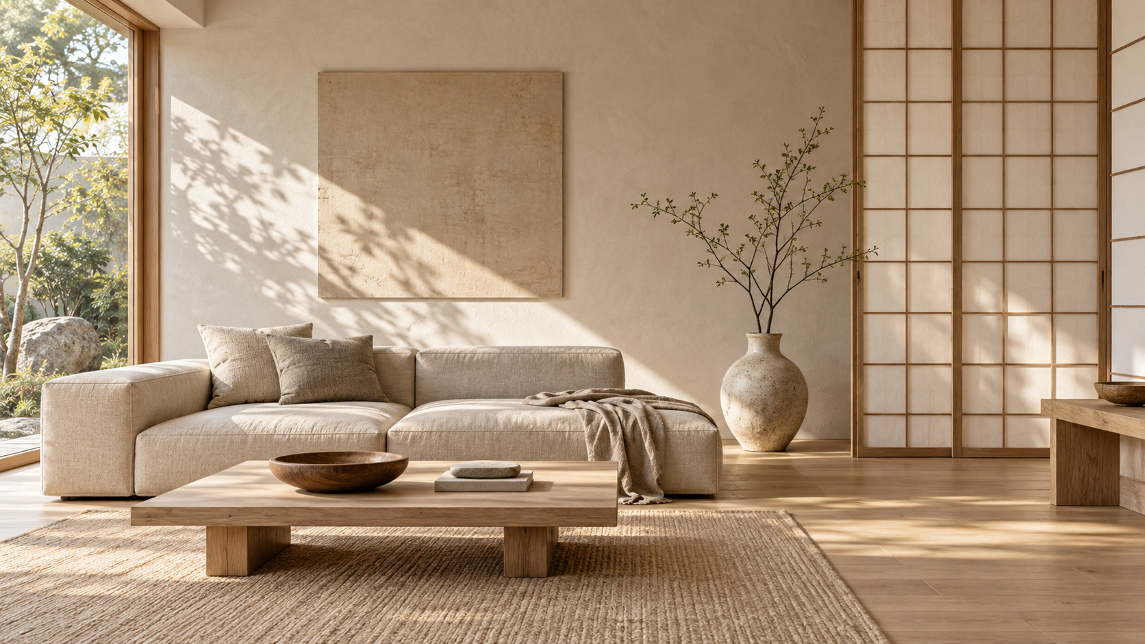 A sunlit Japandi living room of pale oak, linen, ceramics and a shoji-inspired screen.