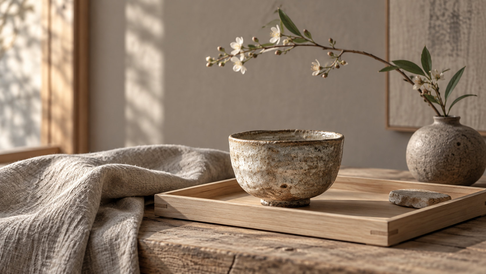 A handmade ceramic tea still life with linen, pale wood and a simple branch.