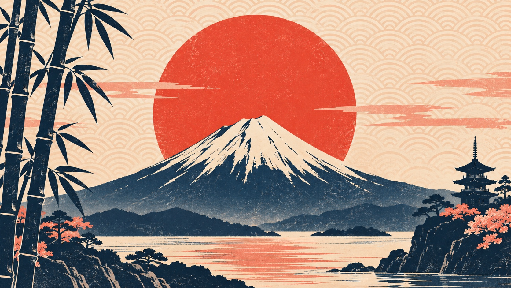 A Japanese print-inspired landscape of a vermilion sun rising behind a snow-topped mountain.
