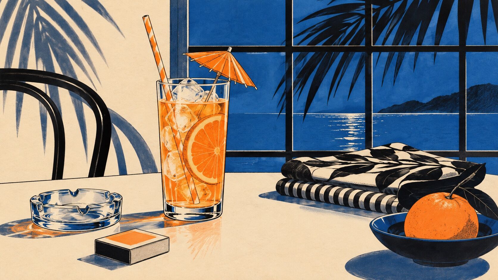 A retro Japanese illustrated still life of a citrus drink, folded fabrics and moonlit seaside window.