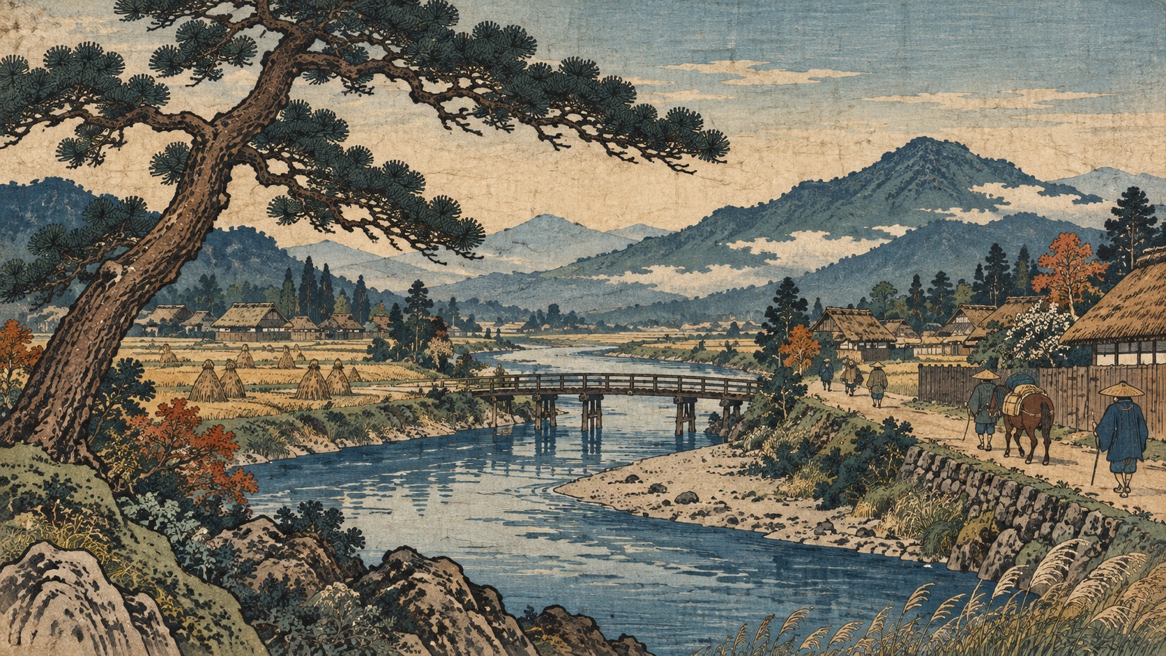 A tranquil woodblock-inspired river landscape with a village, pine tree, bridge and travellers.