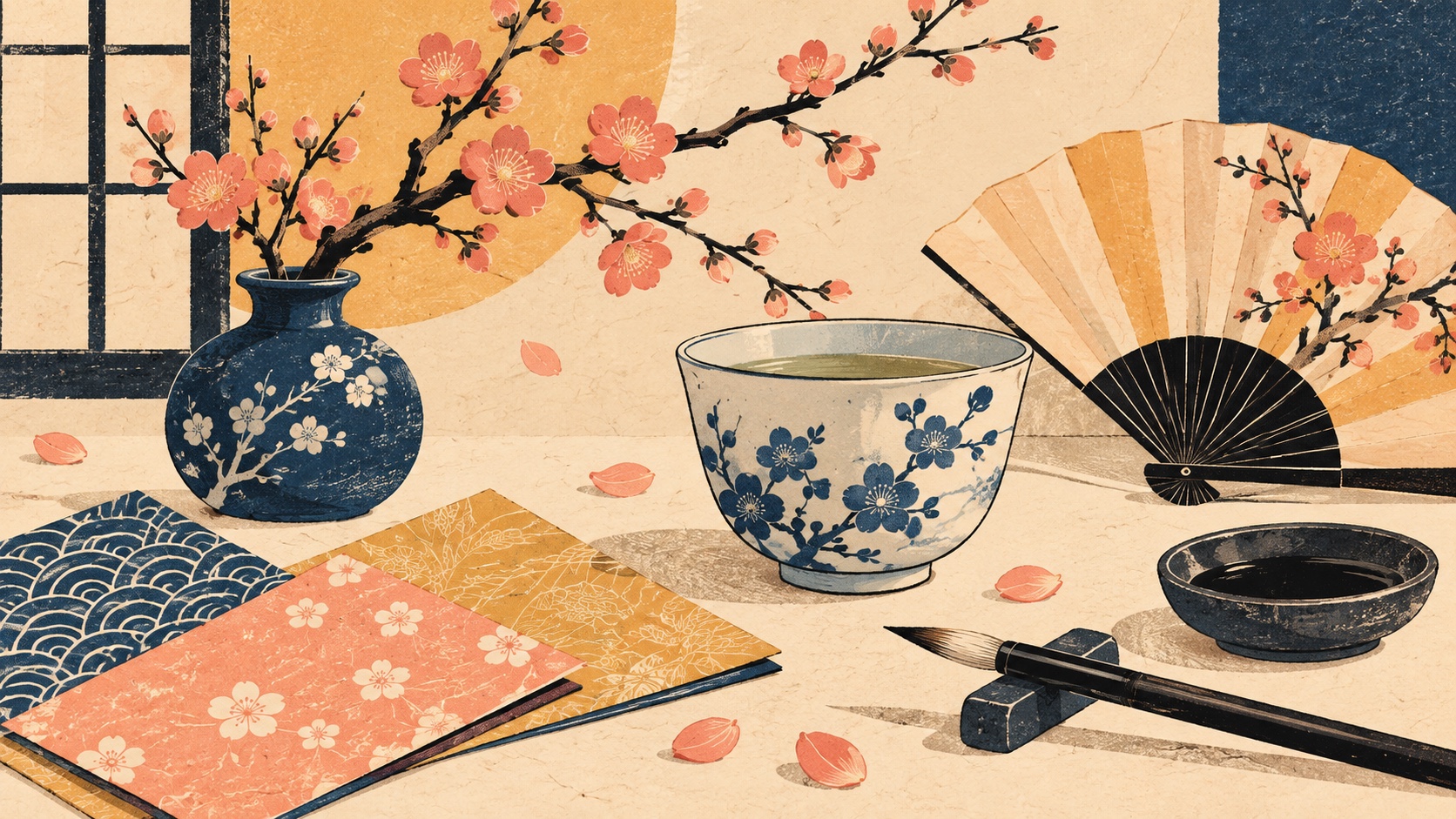 A Japanese illustrated spring still life of tea, plum blossoms, patterned paper, fan and ink brush.