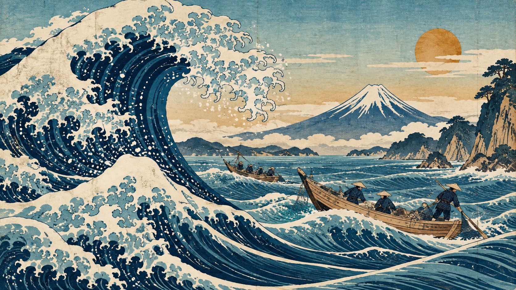 An original woodblock-inspired ocean print of curling indigo waves, fishing boats and a distant mountain.