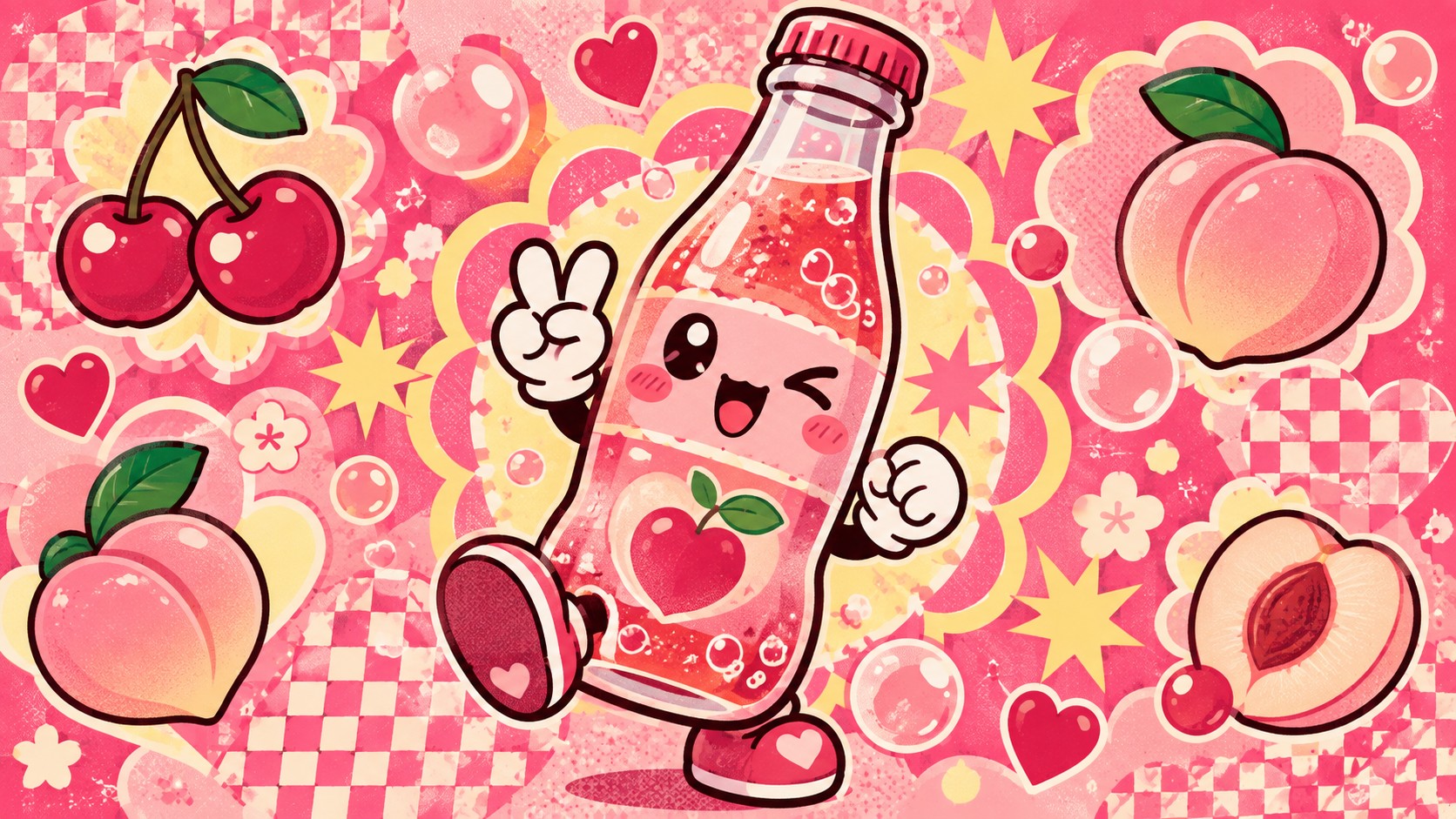 A cherry soda bottle character flashes a peace sign on a pink checkerboard ground scattered with cherries, peaches, hearts and stars.