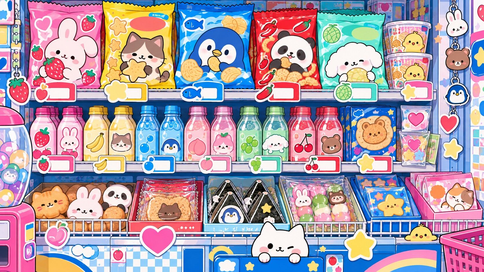 A convenience store shelf packed with snack bags, drinks and rice balls, every package carrying a small animal mascot.