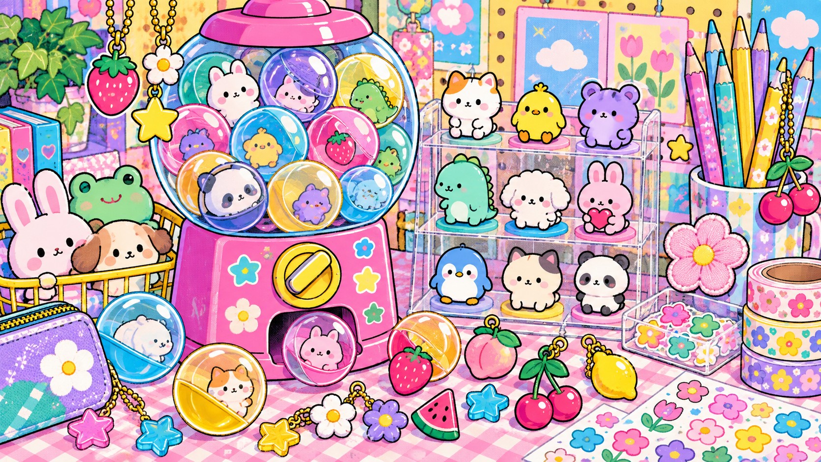 A pink capsule-toy machine full of tiny animals beside sticker sheets, washi tape, pencils and acrylic charms.