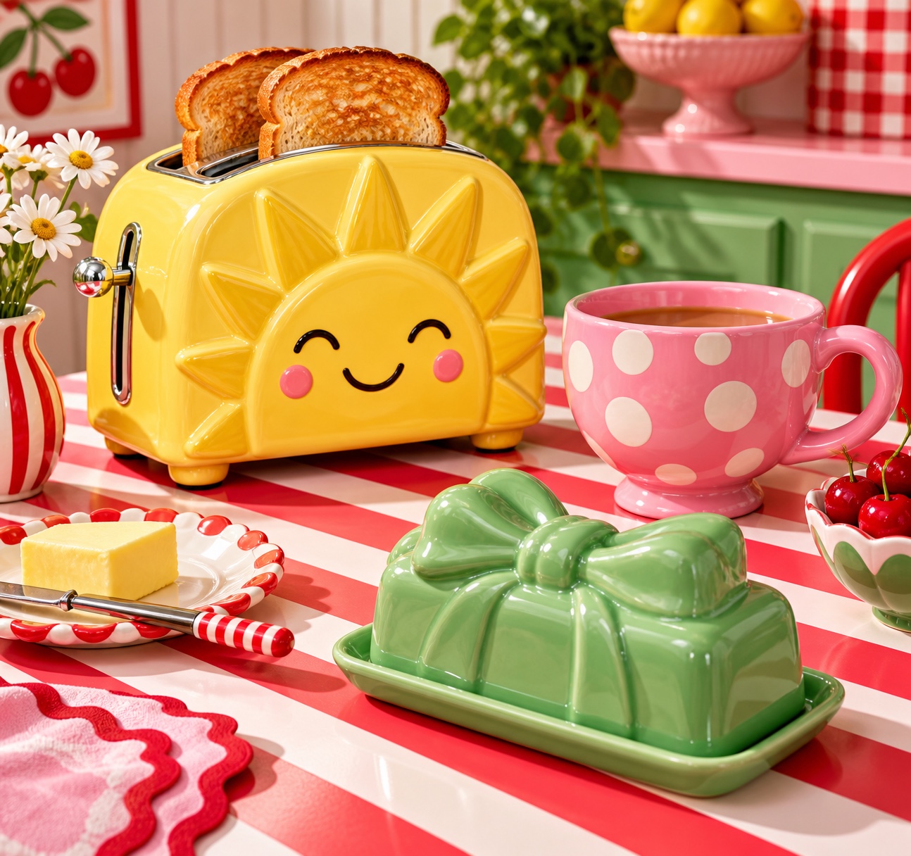 A sunny novelty toaster, polka-dot cup and bow-shaped butter dish make an exuberant kitchen set.