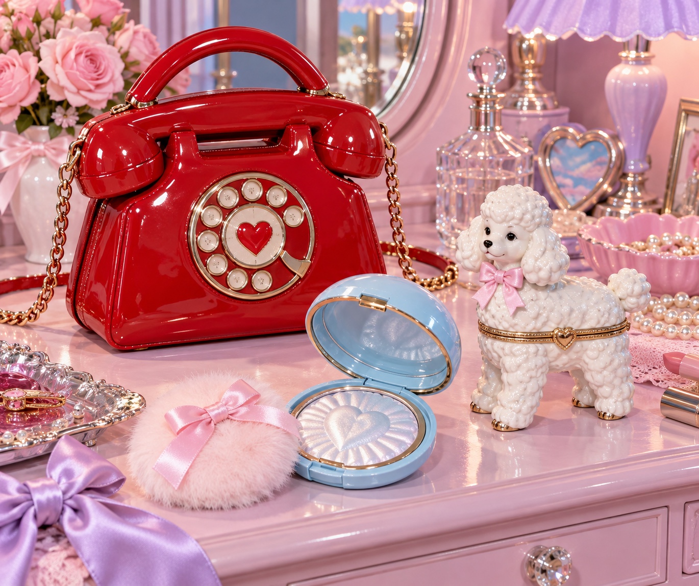 A cherry-red telephone handbag, porcelain poodle and blue compact crowd a pastel vanity.