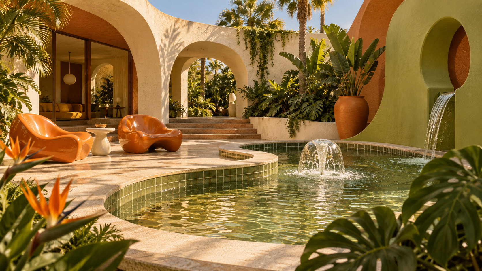 A sunny modernist courtyard with a wavy tiled fountain and sculptural seating.