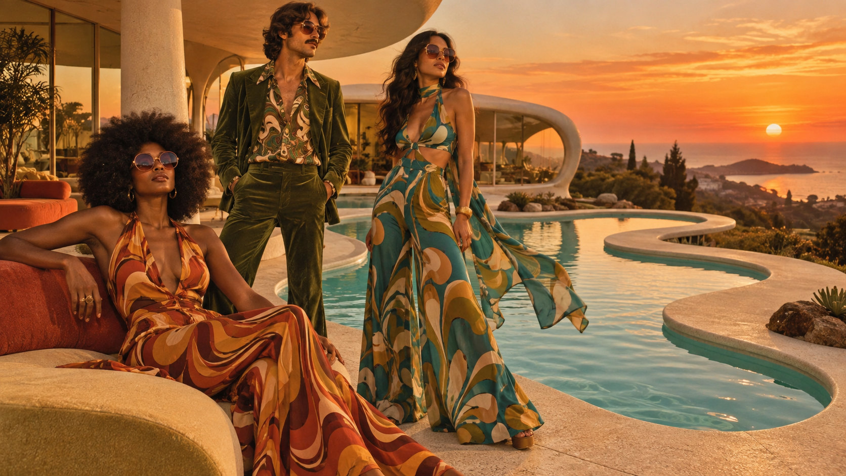 Three friends in flowing retro silhouettes beside a sculptural liquid-shaped pool.
