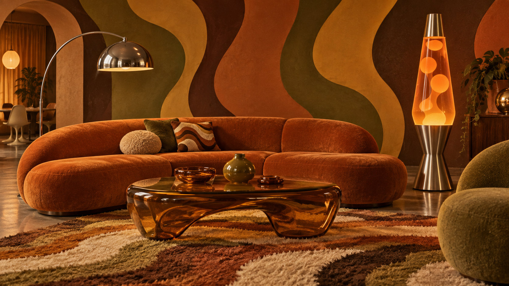 A 1970s living room of curved furniture, lava-lamp forms and warm earthy colors.