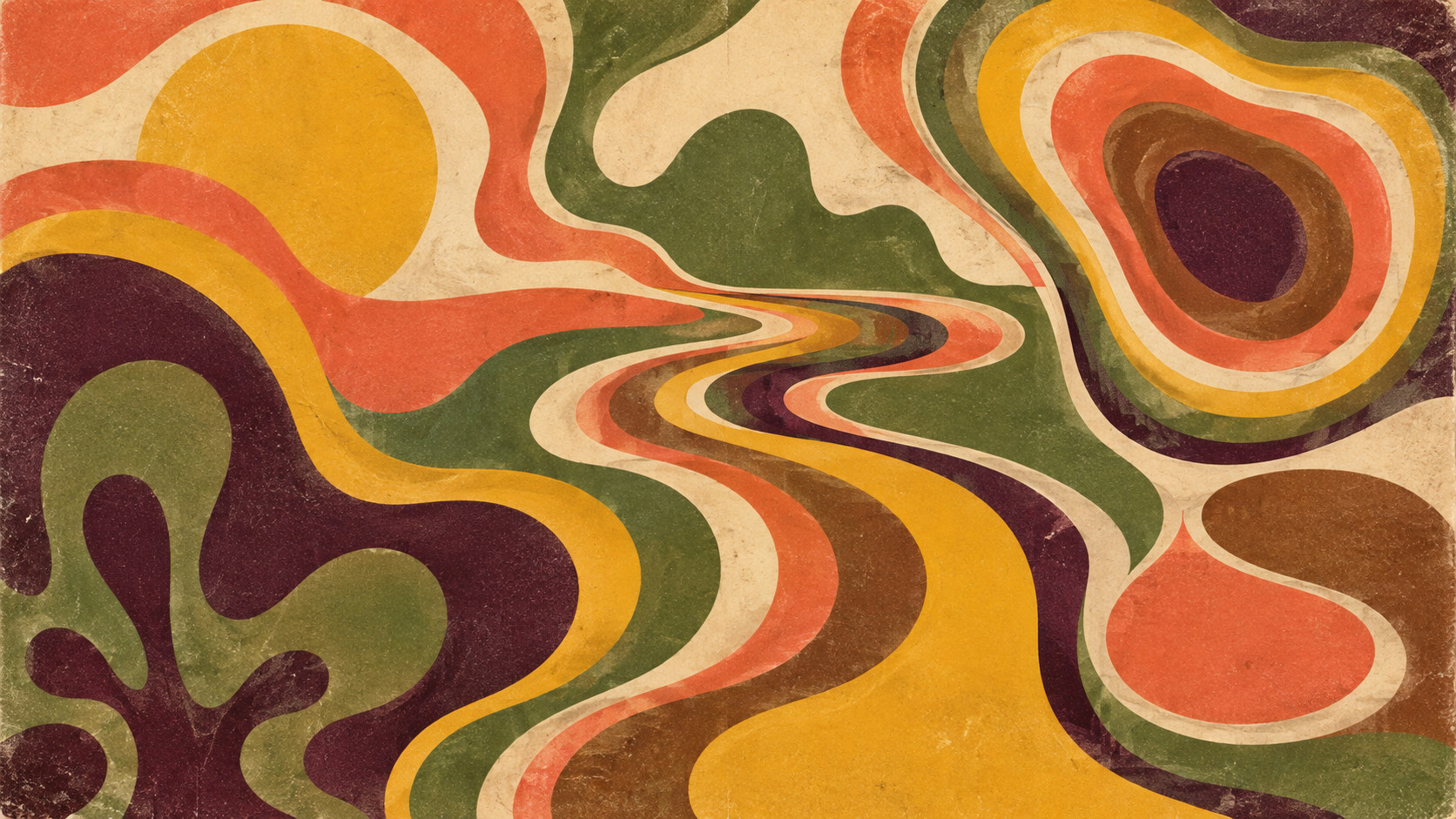 An abstract retro print built from flowing biomorphic shapes and textured colors.