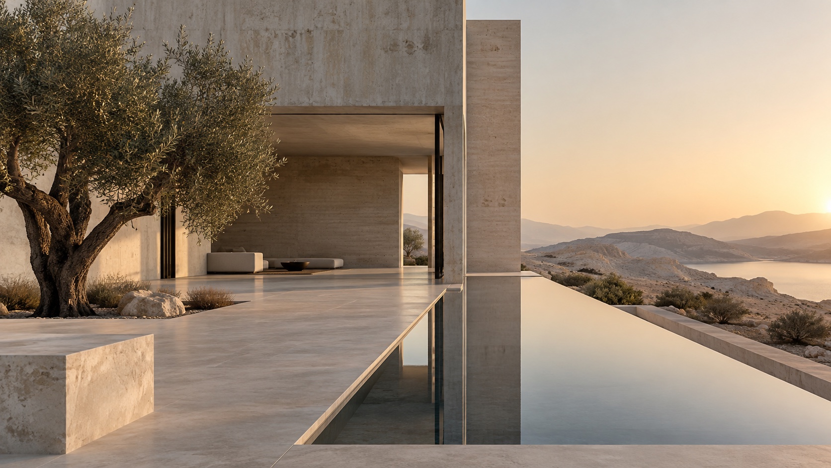 A monolithic stone house opening onto a reflecting pool at dawn.