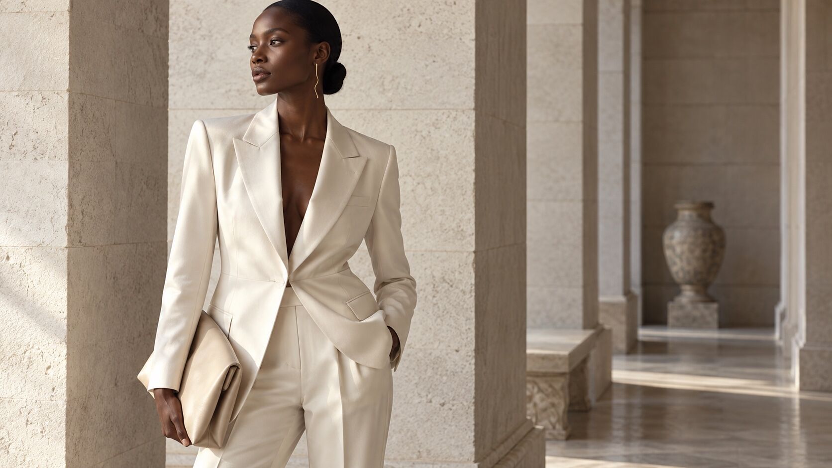 A tailored cream silk suit in a quiet pale-stone corridor.