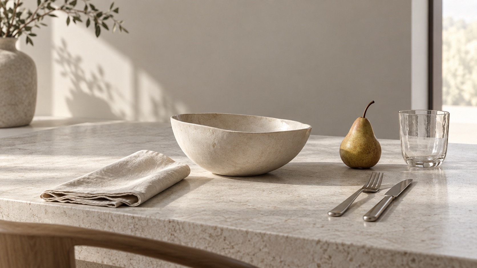 A restrained stone tablescape with cream ceramic bowl, raw silk and silver cutlery.