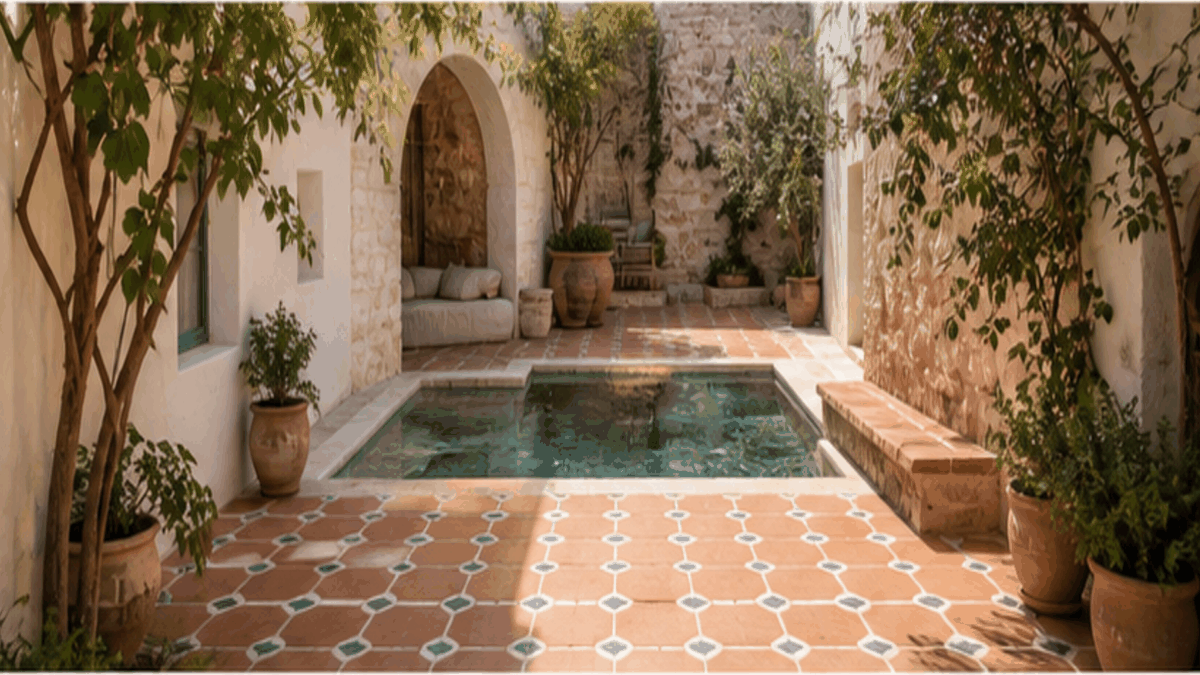 Mediterranean Architecture aesthetic: Courtyard dossier scene