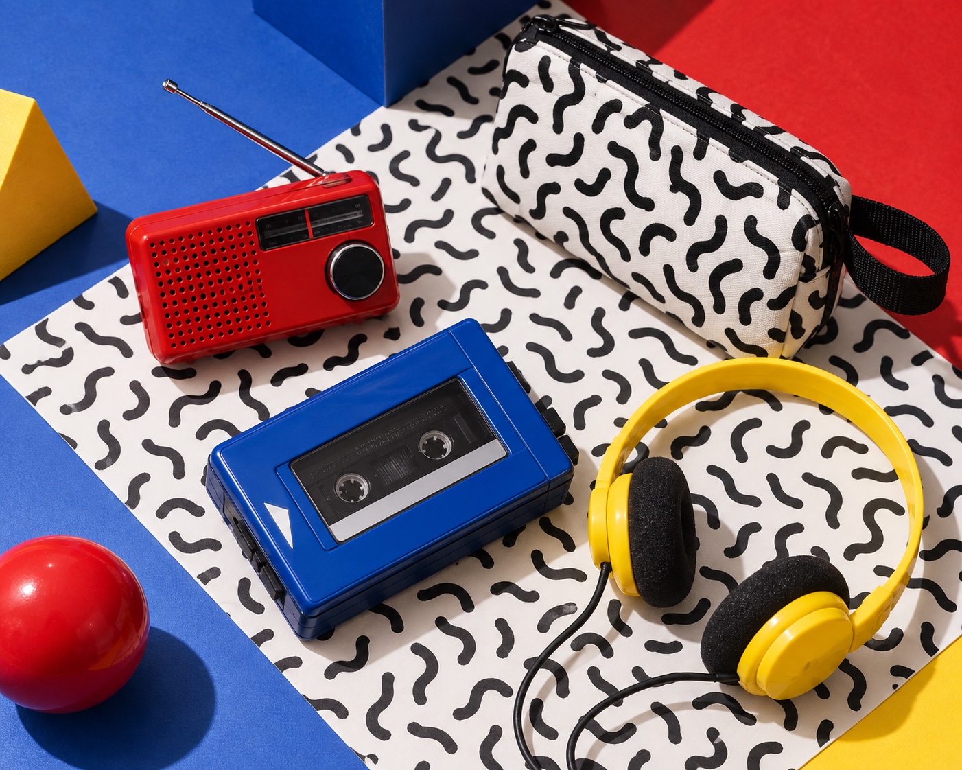 A patterned radio, cassette player and geometric headphones turn portable electronics into Memphis objects.