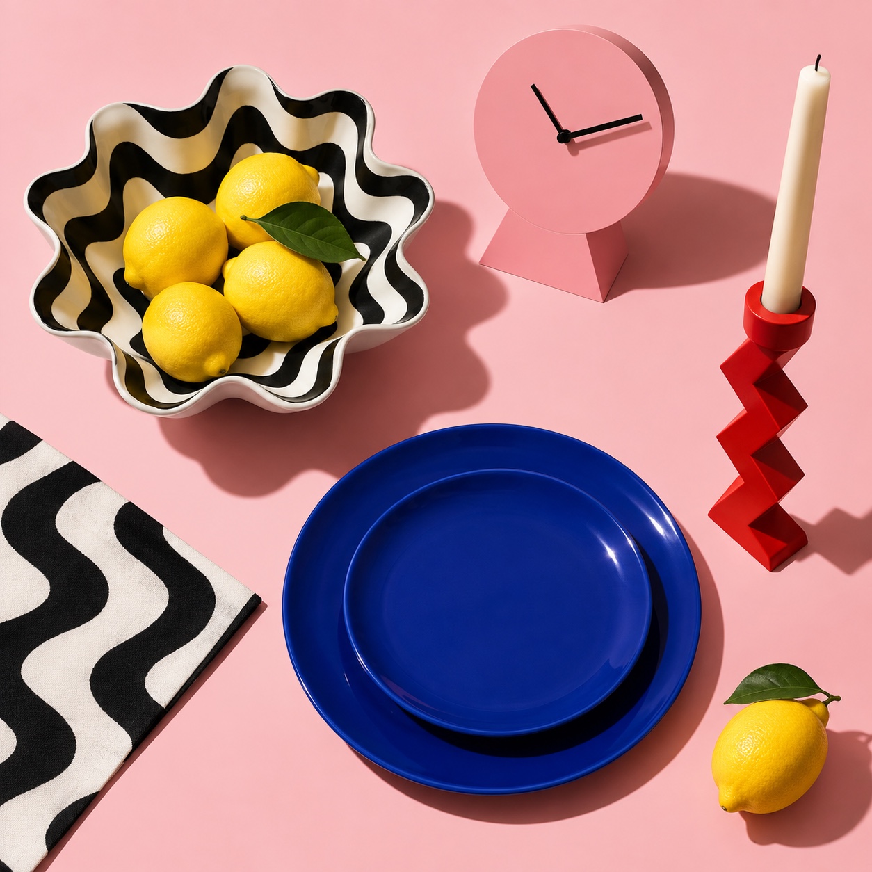 Color-blocked tabletop objects, zigzag vessels and patterned trays form a bright Memphis product display.