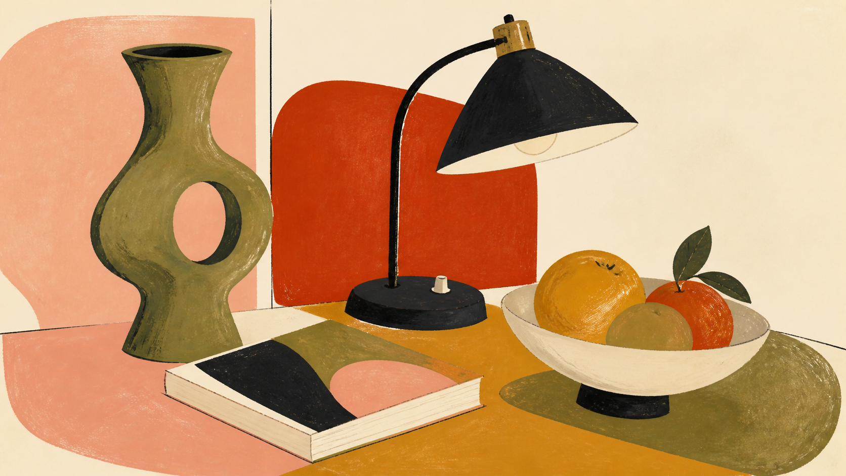 Mid-Century Illustration aesthetic: Still life dossier scene